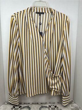 Adrianna Papell Yellow, White & Black Stripe Surplice Blouse, XL, NWT